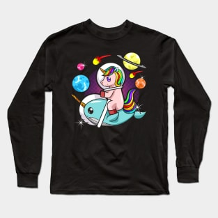 Cool Retro Unicorn Astronaut Riding Narwhal In Space Long Sleeve T-Shirt